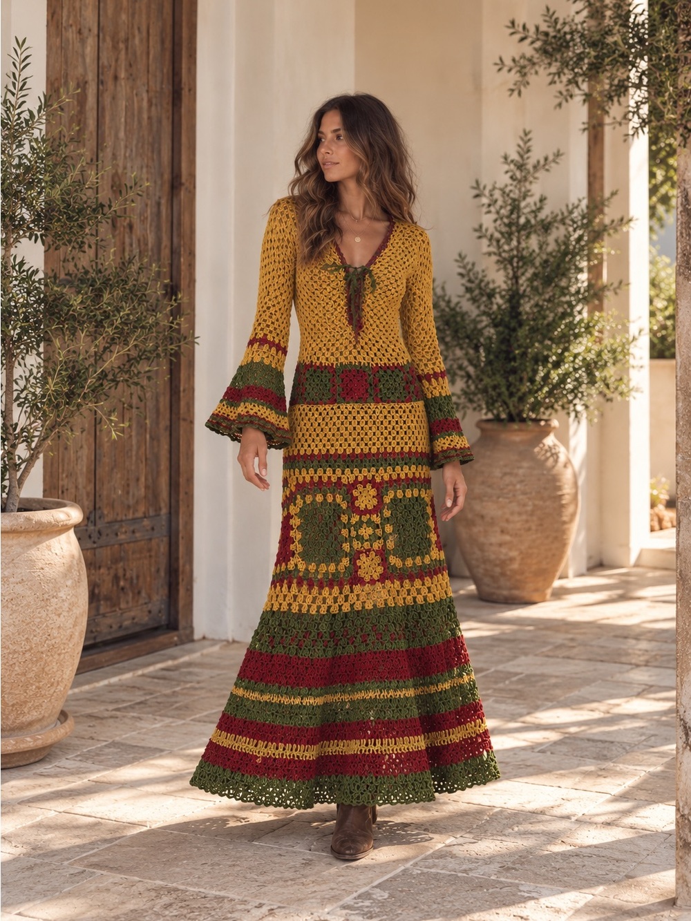 One of a Kind Handmade Crochet Maxi Dress Bell Sleeve Boho Wearable Art